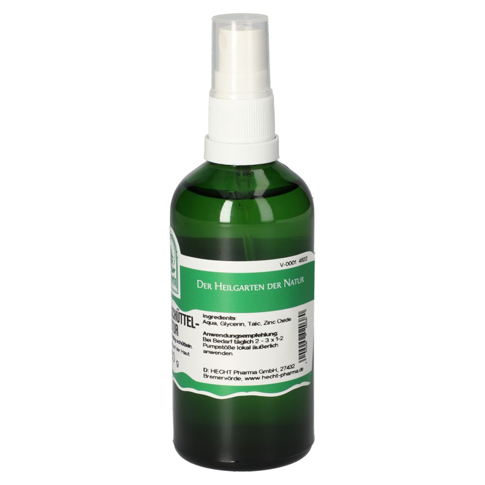 Grüne Flasche mit Sprühkopf. Beschriftung: Zinkoxidschüttelmixtur, Inhaltsstoffe, e 150 g.