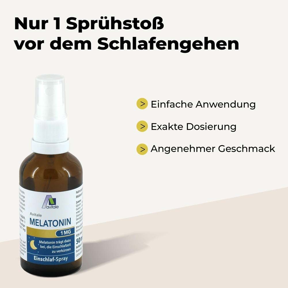 Braune Flasche "Avitale MELATONIN Einschlaf-Spray". Text: "Nur 1 Sprühstoß vor dem Schlafengehen".