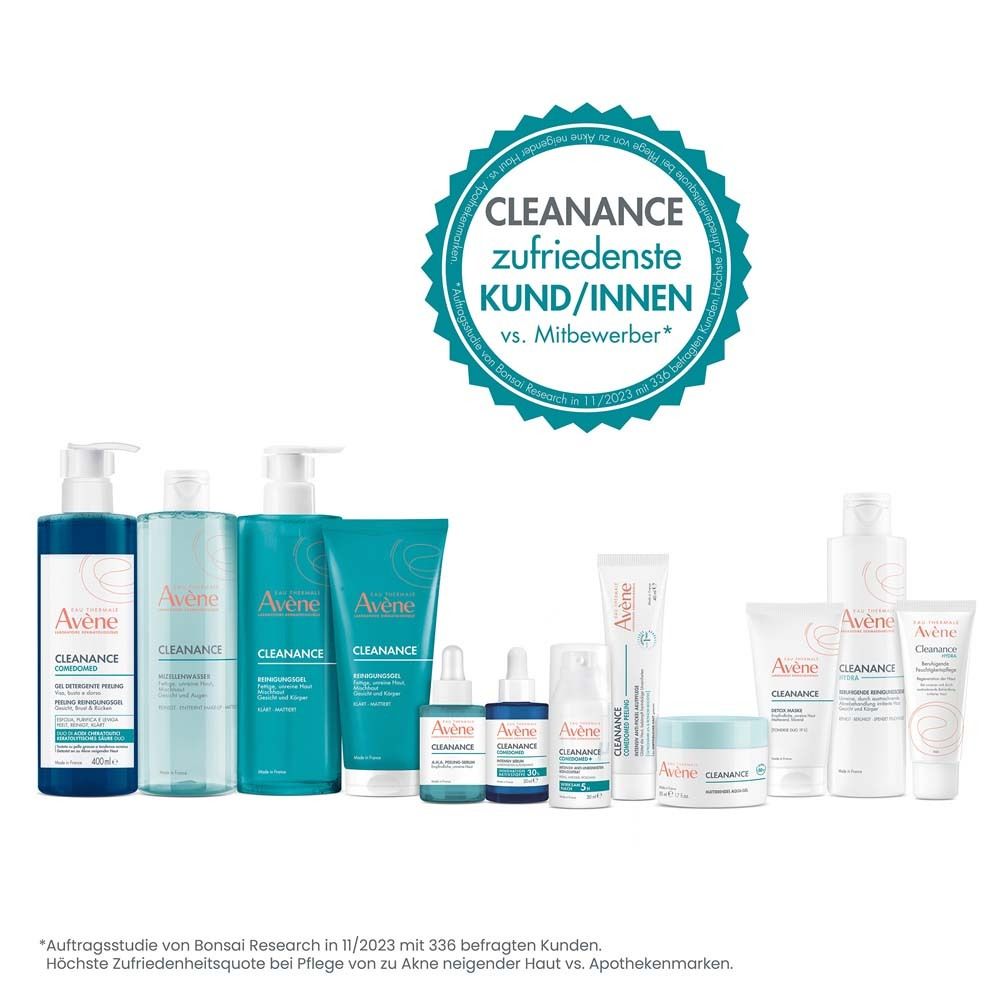 Produktreihe: Verschiedene Produkte von Avène Cleanance. Logo: Cleanance zufriedenste Kund/innen vs. Mitbewerber.