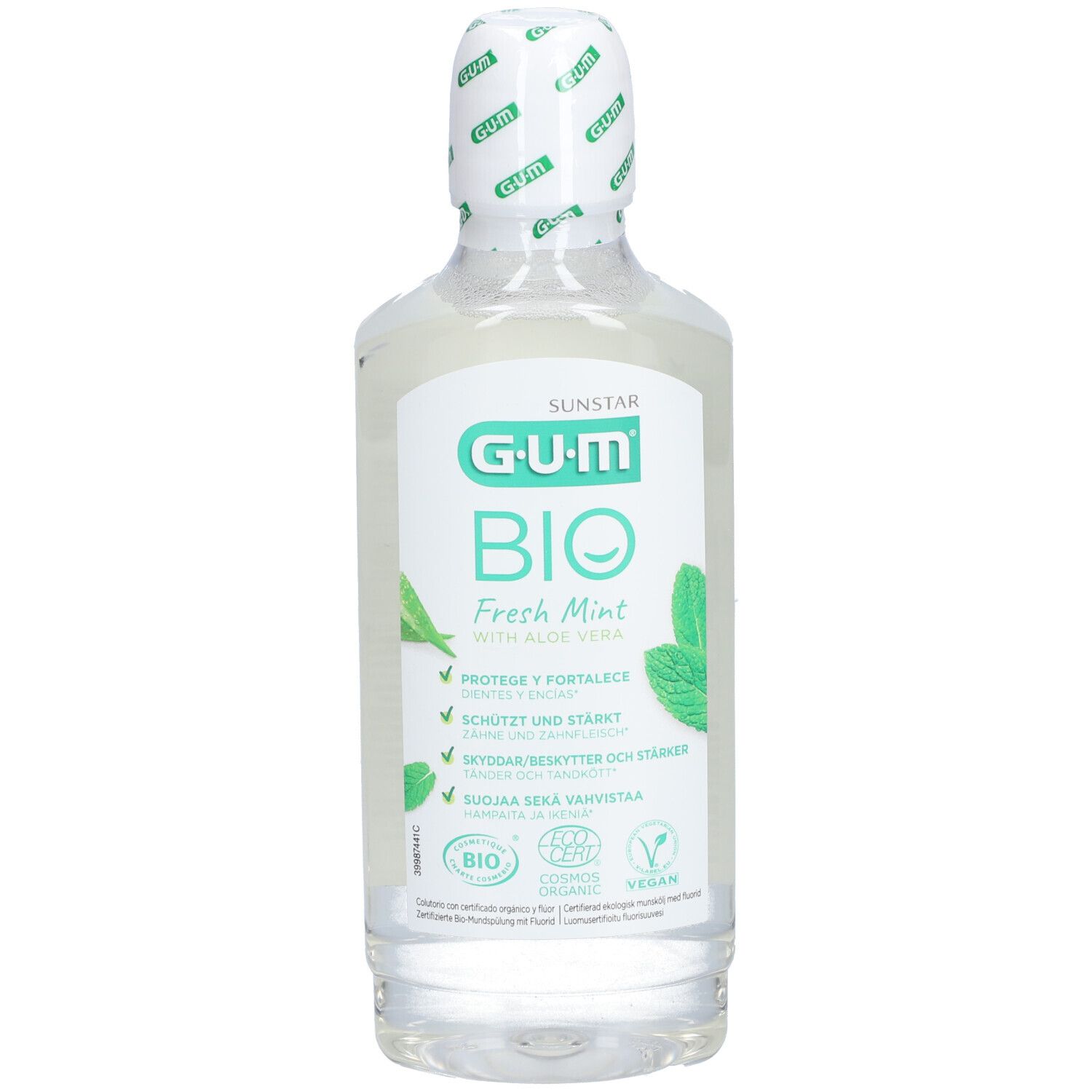 Mundspülung GUM BIO Fresh Mint. Weiße Flasche mit grünem Etikett. Enthält Aloe Vera. Vegan und COSMOS zertifiziert.