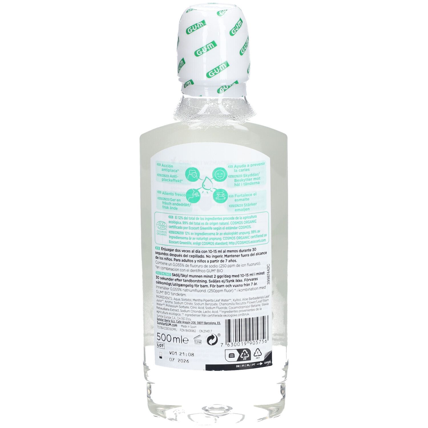 Rückseite der Mundspülungsflasche GUM BIO. Enthält Informationen zur Anwendung und Inhaltsstoffe. 500ml.