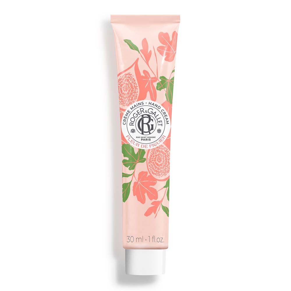 Rosa Handcreme-Tube mit floralem Design und Produktnamen. Logo und Schriftzug 'Fleur de Figuier' sichtbar.