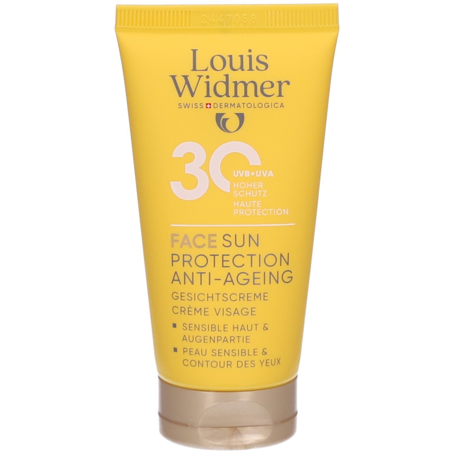 Gelbe Tube Louis Widmer Face Sun Protection 30. Text: Gesichtscreme, Anti-Ageing, UV+UVA, hoher Schutz. Sensible Haut & Augenpartie.