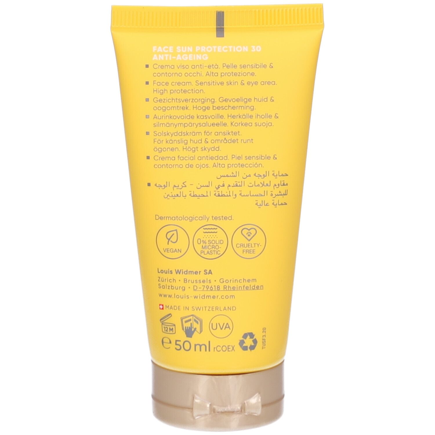 Rückseite der gelben Tube Louis Widmer Face Sun Protection 30. Text: Creme viso anti-età, alta protezione, vegan, 0% Mikroplastik.