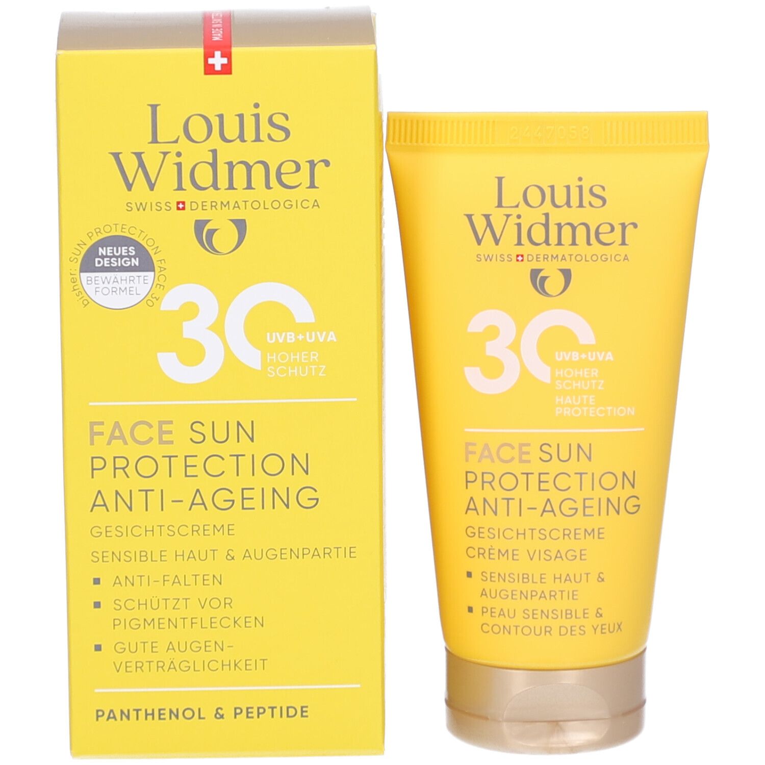 Gelbe Schachtel und Tube Louis Widmer Face Sun Protection 30. Text: Gesichtscreme, Anti-Ageing, UV+UVA, hoher Schutz. Anti-Falten.