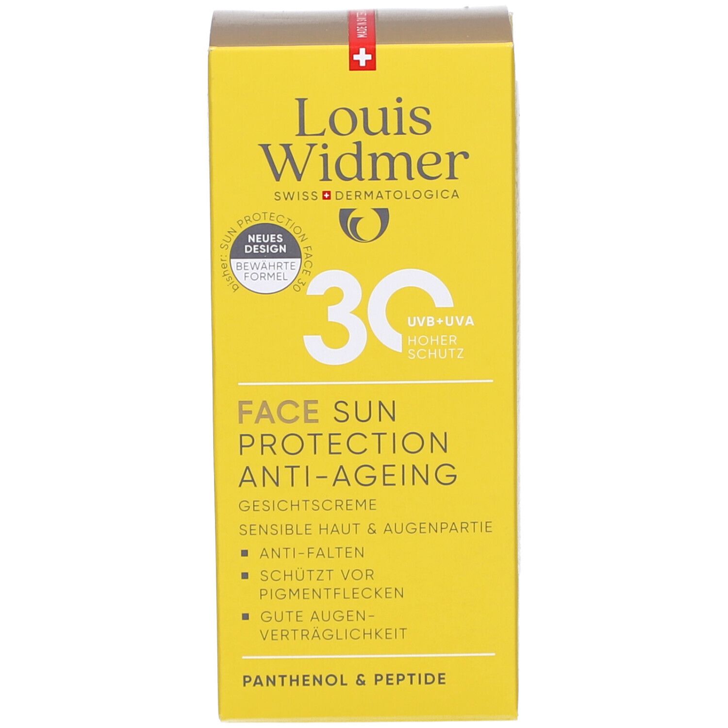 Gelbe Schachtel Louis Widmer Face Sun Protection 30. Text: Gesichtscreme, Anti-Ageing, UV+UVA, hoher Schutz. Anti-Falten, Panthenol & Peptide.