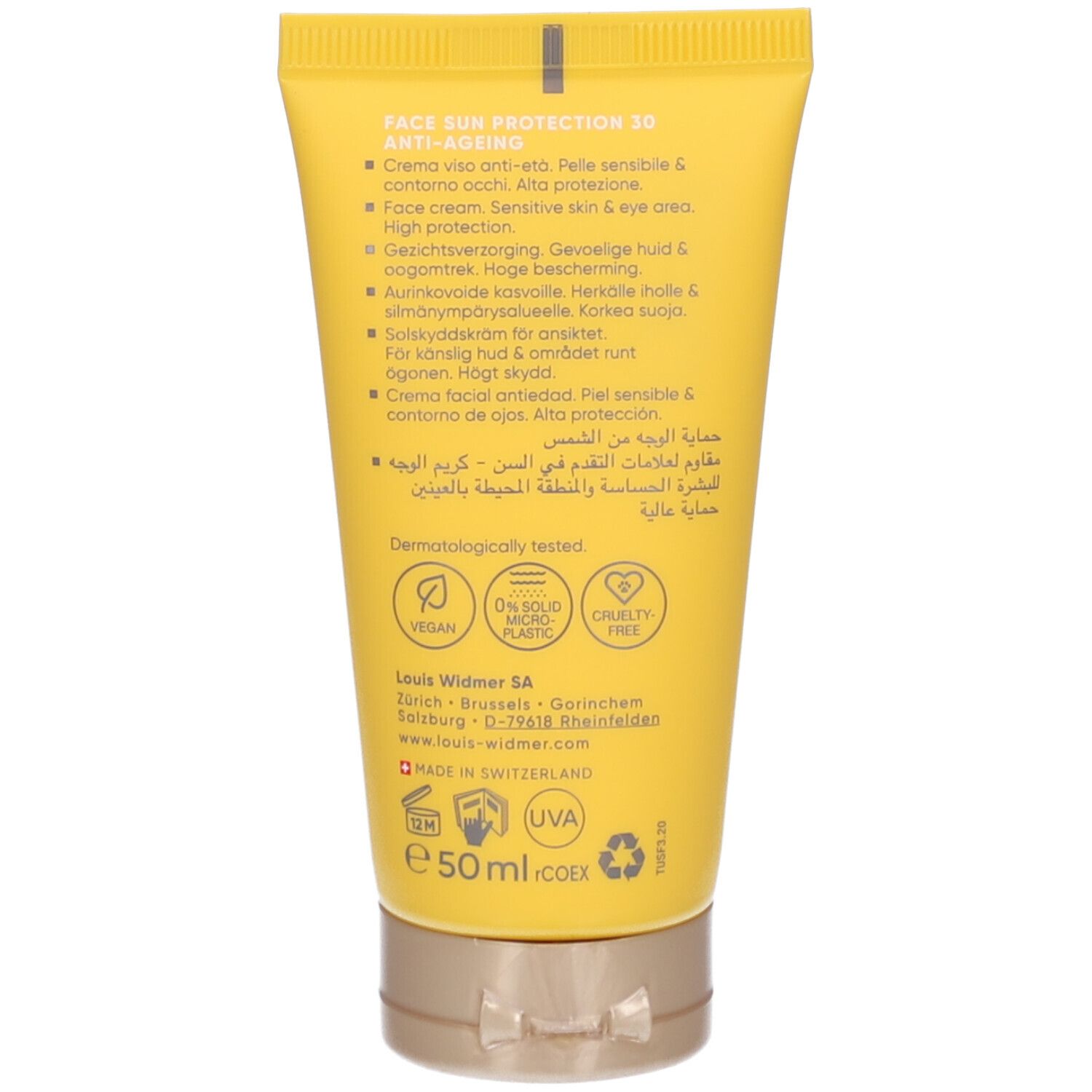 Rückseite der gelben Tube. Produktinformationen, Inhaltsstoffe, Logo, Herkunft Schweiz, 50ml, Vegan, 0% Mikroplastik, Cruelty Free.