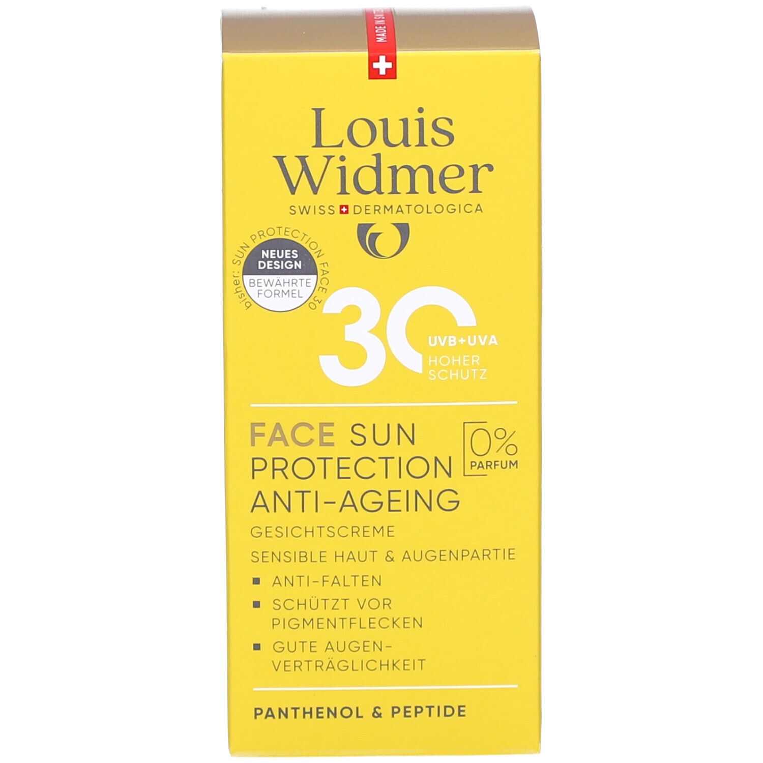 Gelbe Verpackung. Schriftzug: Louis Widmer, 30, Face Sun Protection Anti-Ageing. Creme für Gesicht, Augenpartie. 0% Parfum.