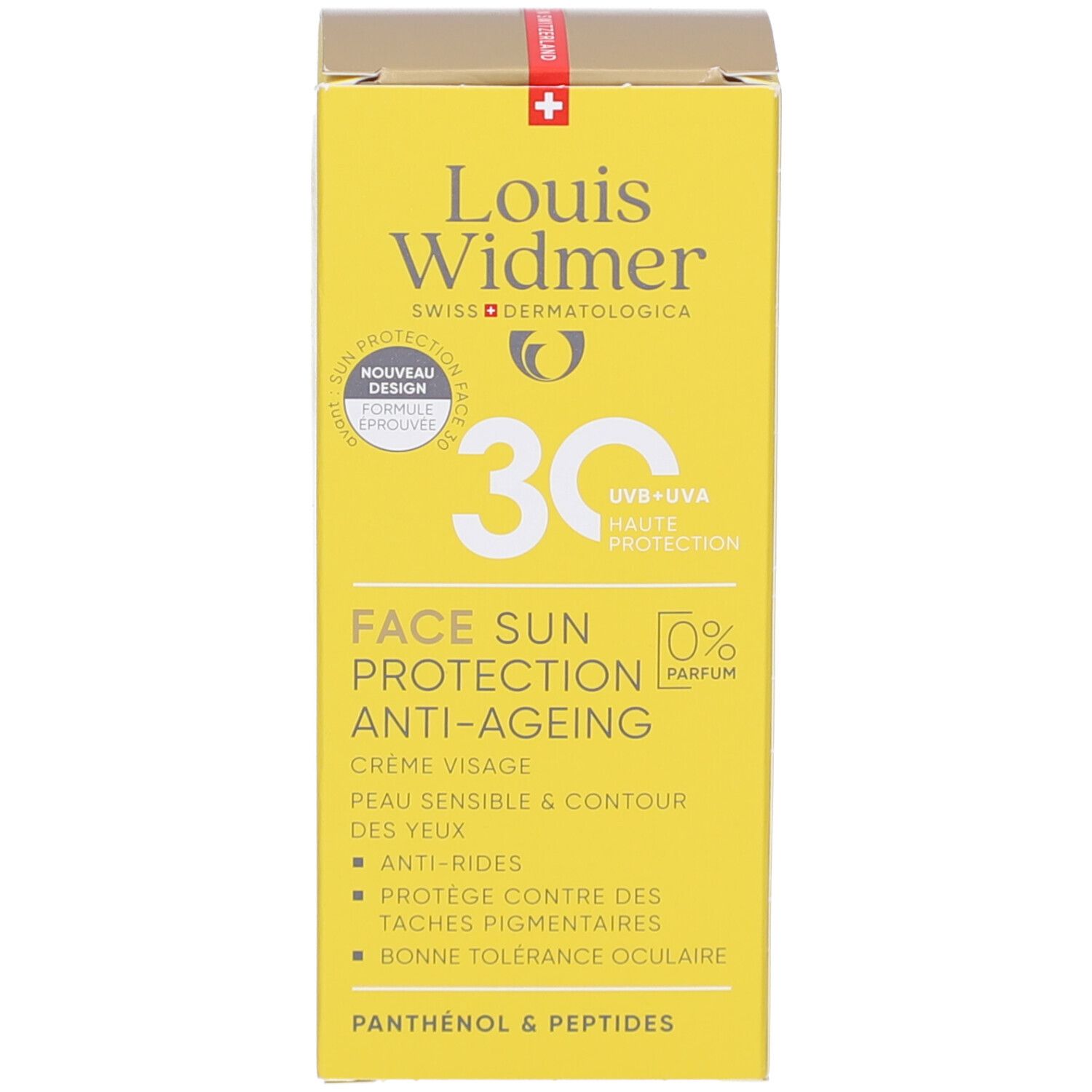 Gelbe Verpackung. Schriftzug: Louis Widmer, 30, Face Sun Protection Anti-Ageing. Creme für Gesicht, Augenpartie. 0% Parfum.