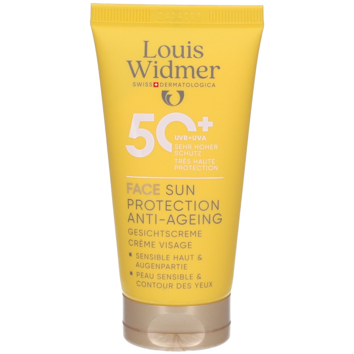 Gelbe Tube mit Louis Widmer Face Sun Protection Anti-Ageing 50+. Text und Logo. Sonnenschutzcreme für Gesicht.