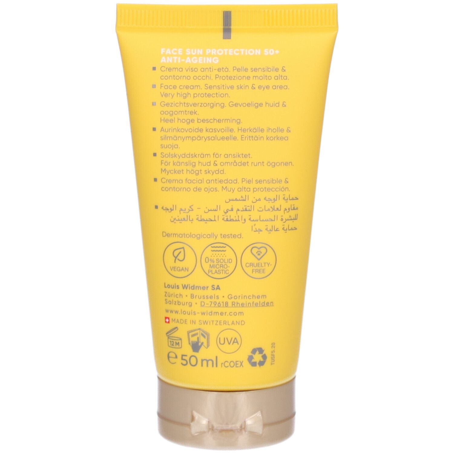 Rückseite der gelben Tube Louis Widmer Face Sun Protection Anti-Ageing 50+. Text in mehreren Sprachen. Logos.