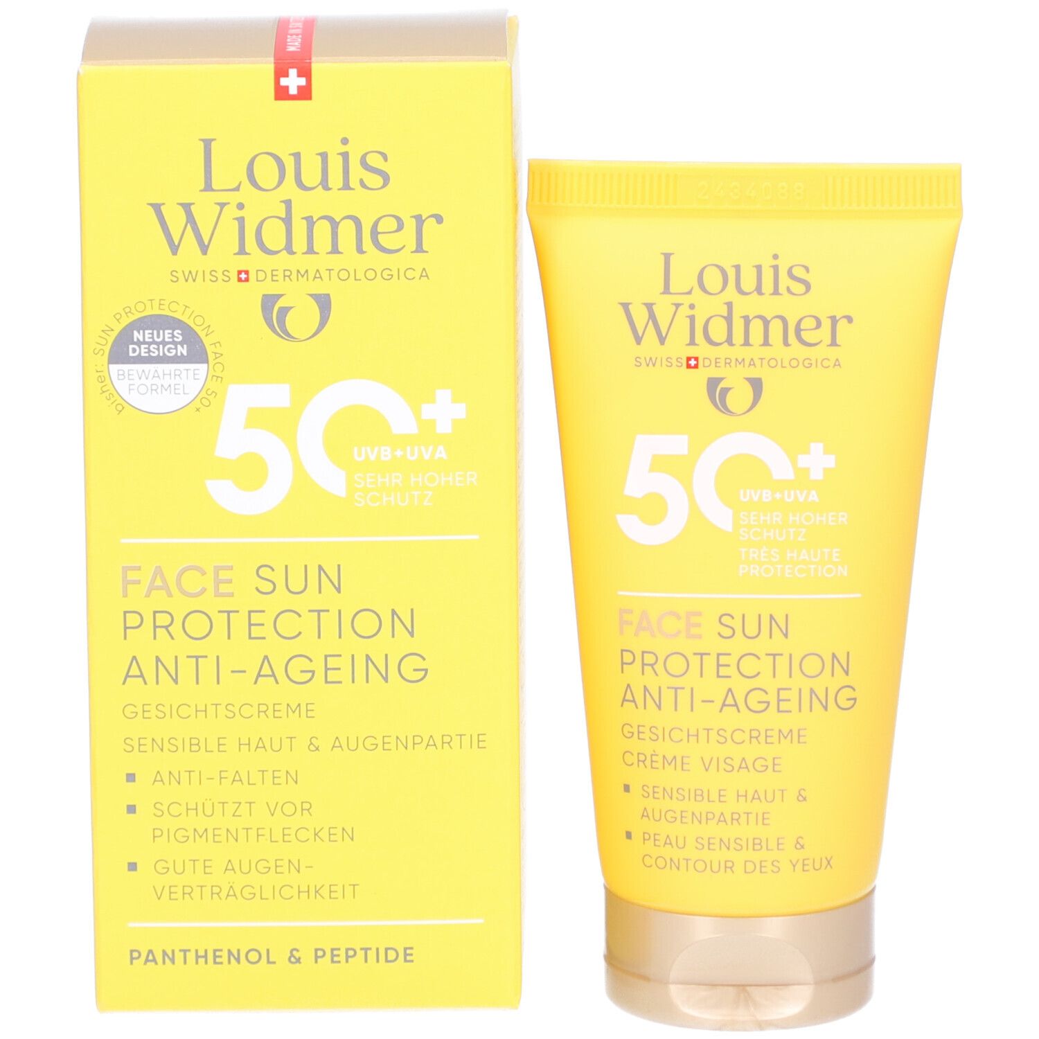 Louis Widmer Face Sun Protection Anti-Ageing 50+ in Schachtel und Tube. Gelb. Text und Logo. Sonnenschutzcreme.