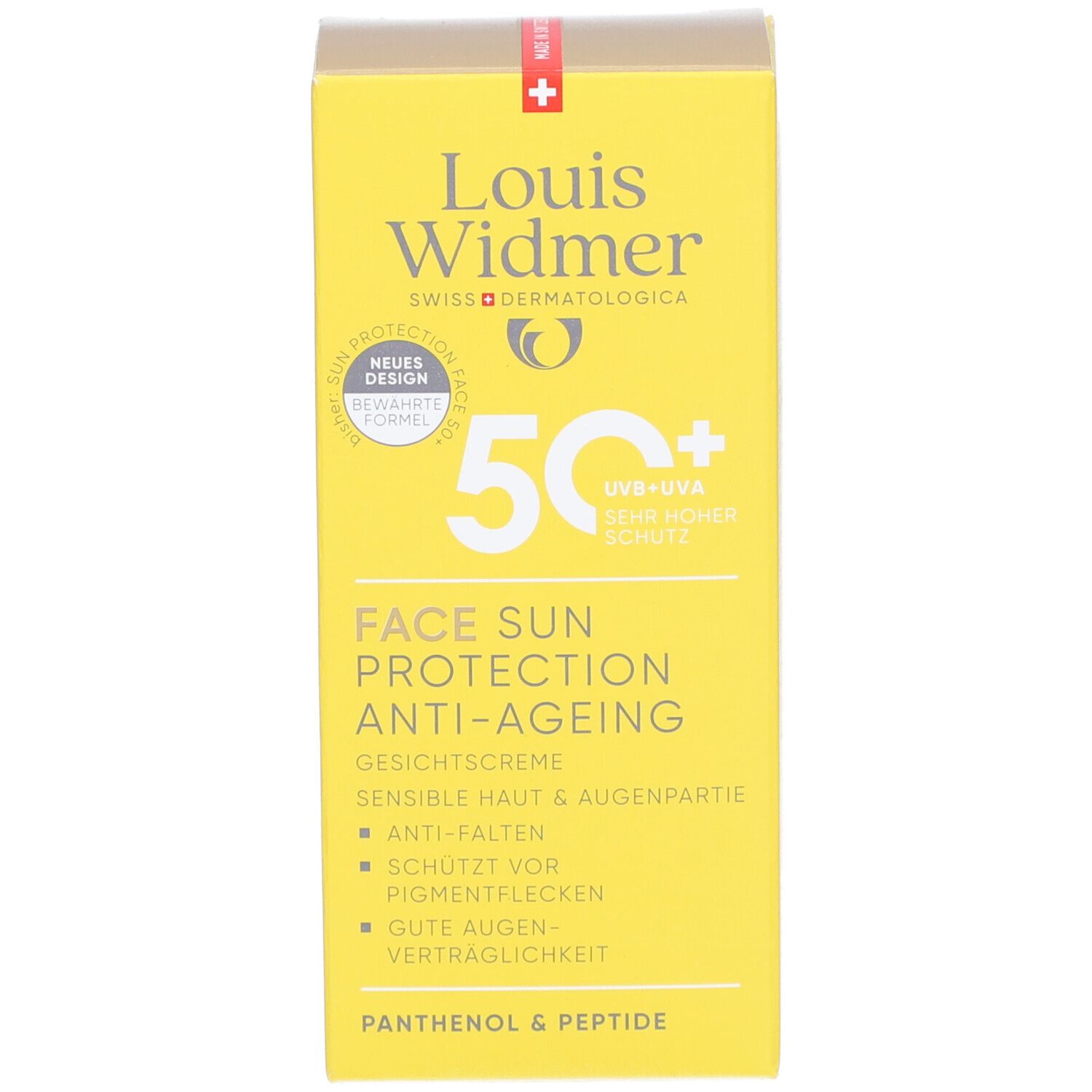 Gelbe Schachtel Louis Widmer Face Sun Protection Anti-Ageing 50+. Text und Logo. Sonnenschutzcreme für Gesicht.