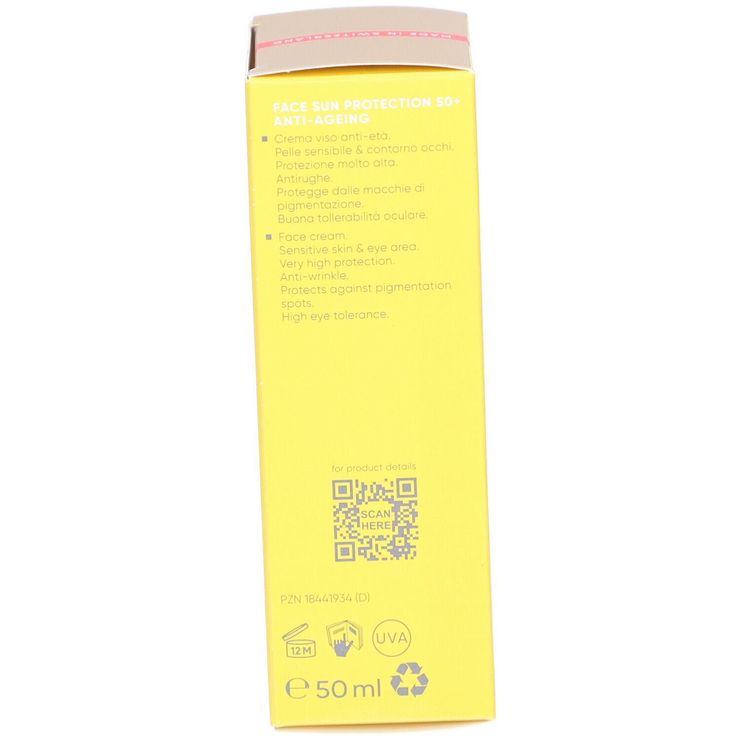 Rückseite der gelben Schachtel Louis Widmer Face Sun Protection Anti-Ageing 50+. Text in mehreren Sprachen. QR-Code.
