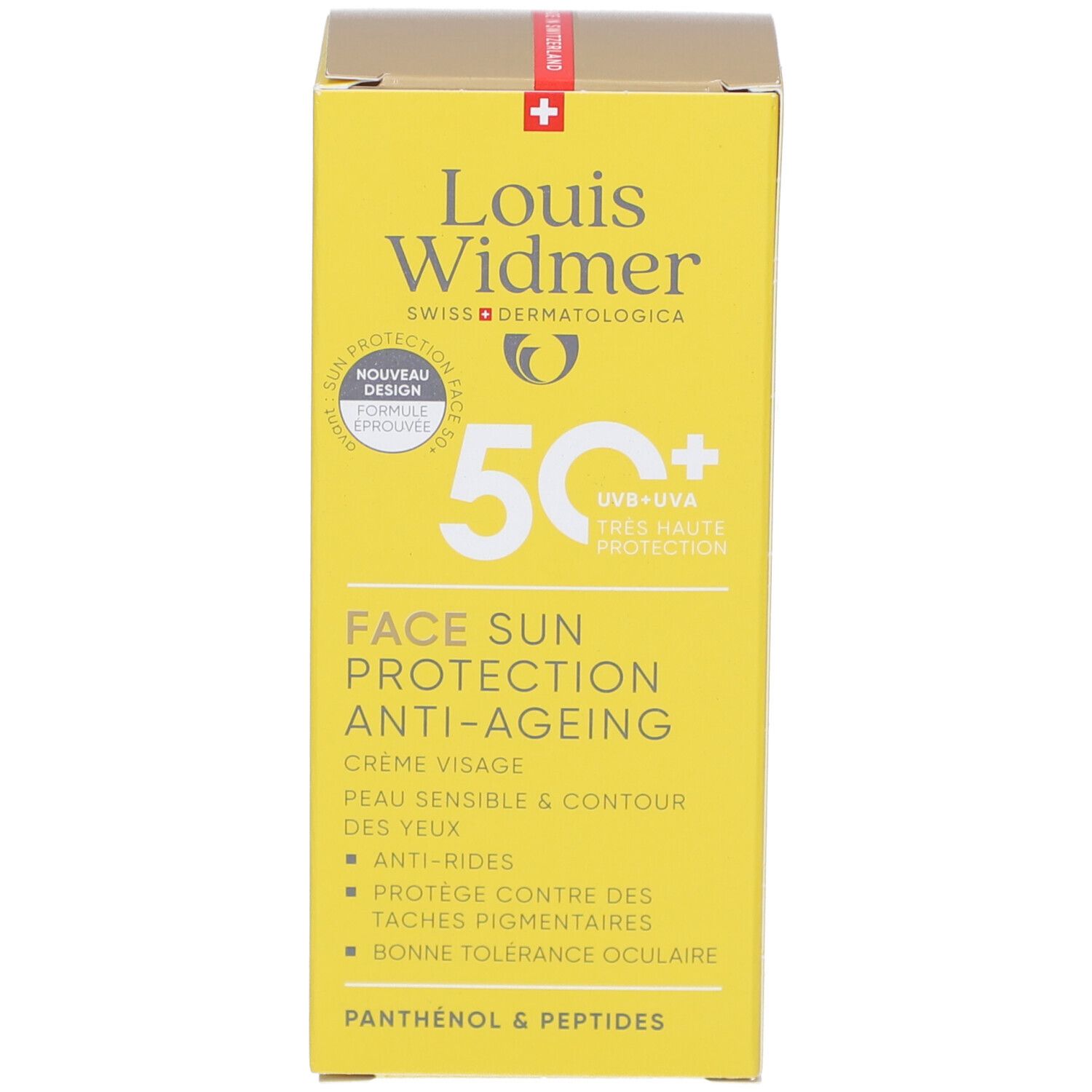 Gelbe Schachtel Louis Widmer Face Sun Protection Anti-Ageing 50+. Text und Logo. Sonnenschutzcreme für Gesicht.