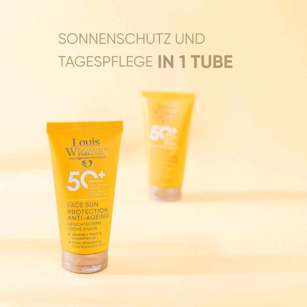 Zwei gelbe Tuben. Louis Widmer Logo. Face Sun Protection Anti-Ageing 50. Text: Sonnenschutz und Tagespflege in 1 Tube.