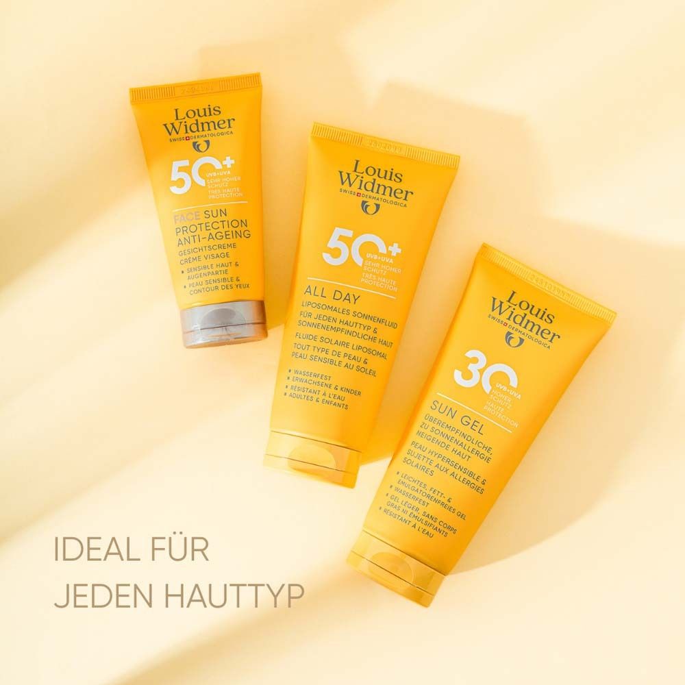 Drei Tuben. Louis Widmer Logo. Face Sun Protection. Text: Ideal für jeden Hauttyp. 50, All Day, Sun Gel.