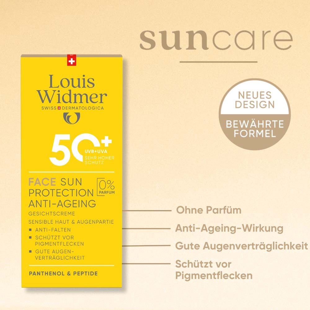 Gelbe Verpackung Louis Widmer. Text: Face Sun Protection Anti-Ageing 50. Ohne Parfum. Anti-Falten. Schützt vor Pigmentflecken. Gute Augenverträglichkeit.