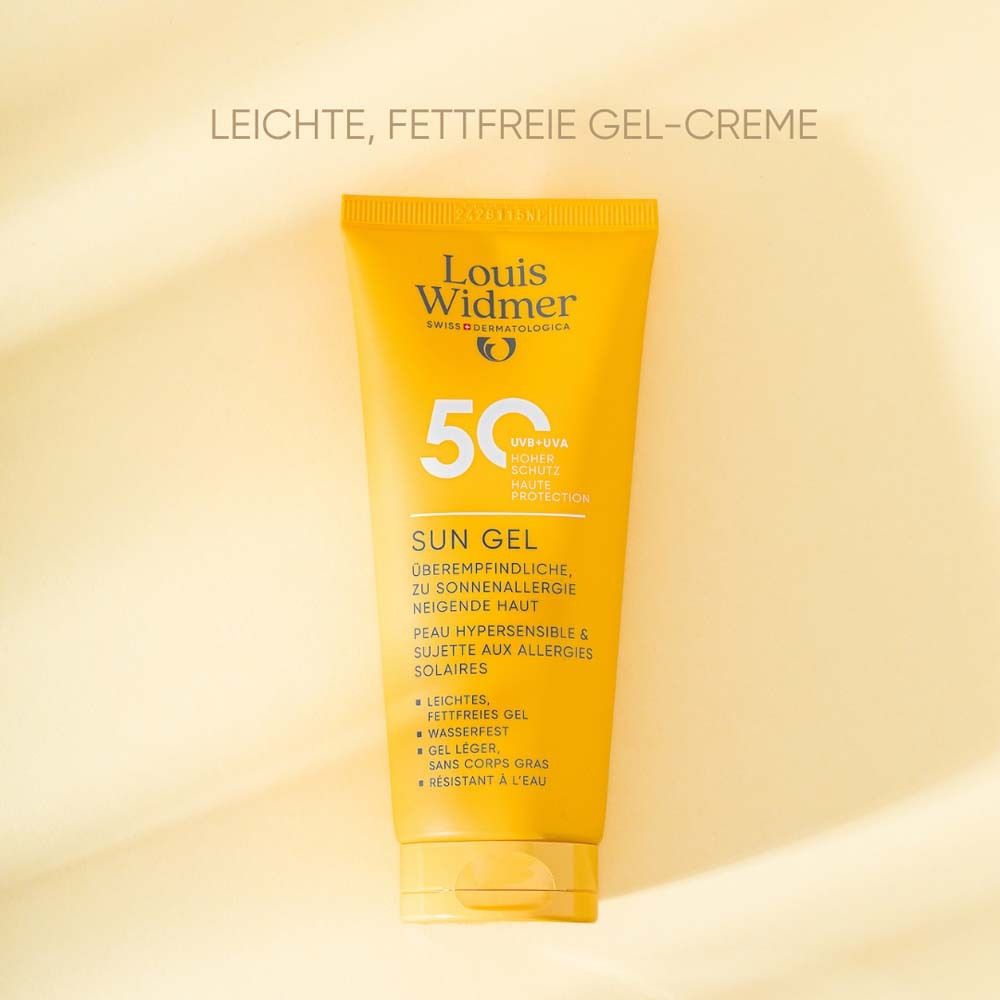 Gelbe Tube mit Produktnamen und Logo. 50 Sonnenschutz. Text: Sun Gel. Leichte, fettfreie Gel-Creme.