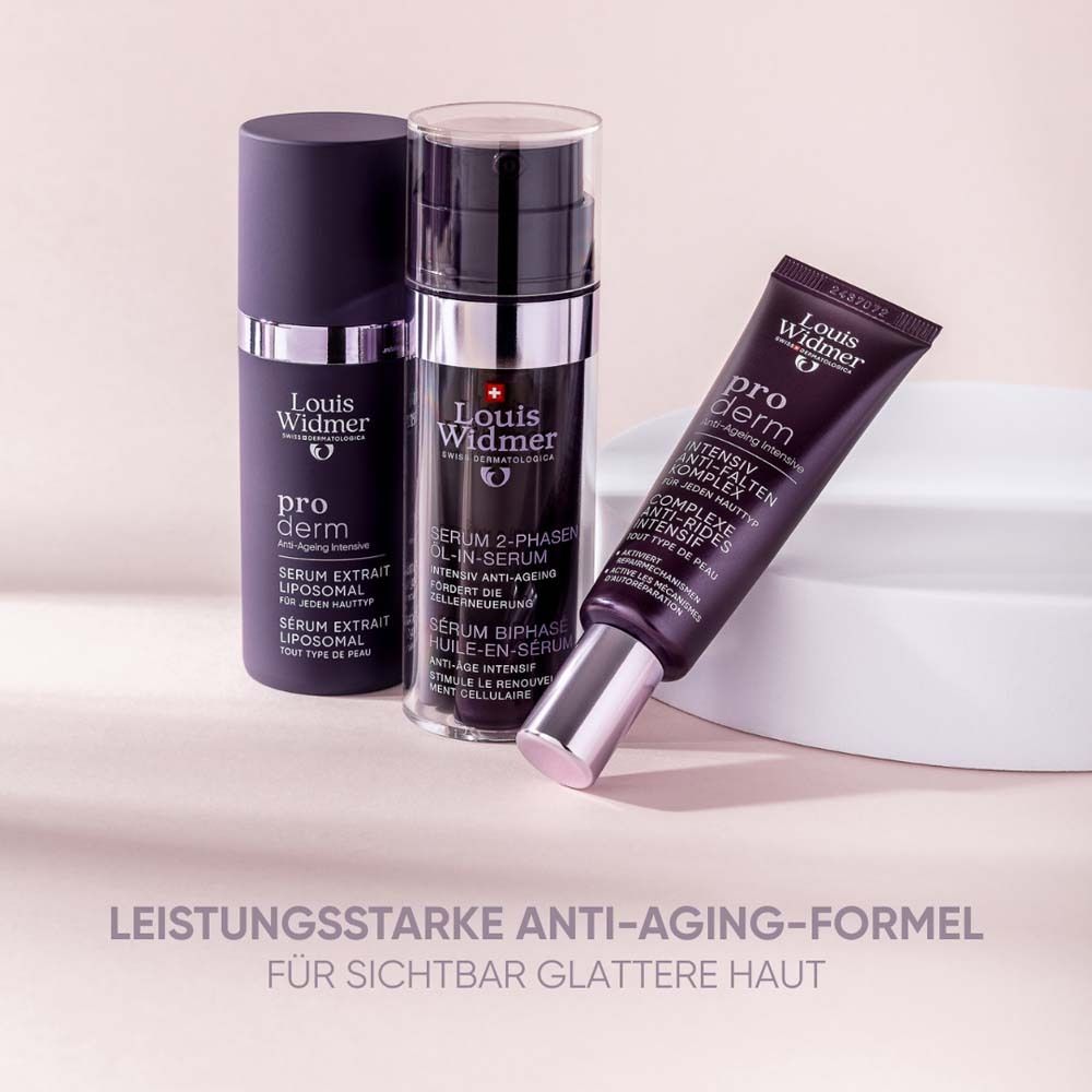 Drei Produkte: Flasche, Serum und Tube. Aufschrift: Louis Widmer, pro derm. Text: Anti-Aging-Formel.