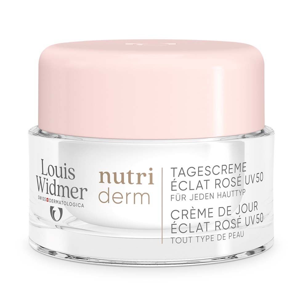 Creme-Tiegel mit rosa Deckel. Beschriftung: Louis Widmer, Nutriderm, Tagescreme Éclat Rosé UV 50. Für jeden Hauttyp.