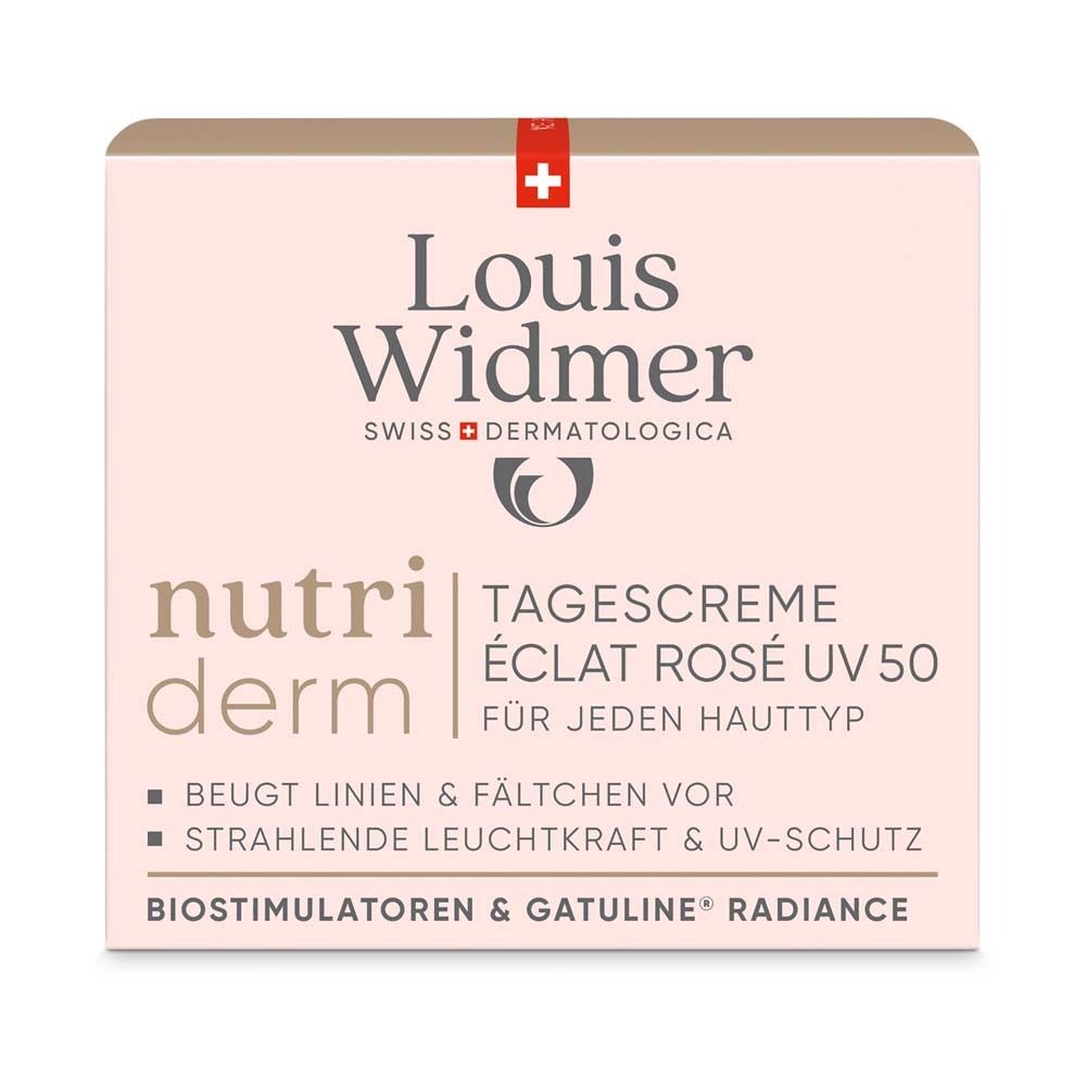 Verpackung von Louis Widmer Nutriderm Tagescreme Éclat Rosé UV 50. Text: Beugt Linien & Fältchen vor, Strahlende Leuchtkraft & UV-Schutz.