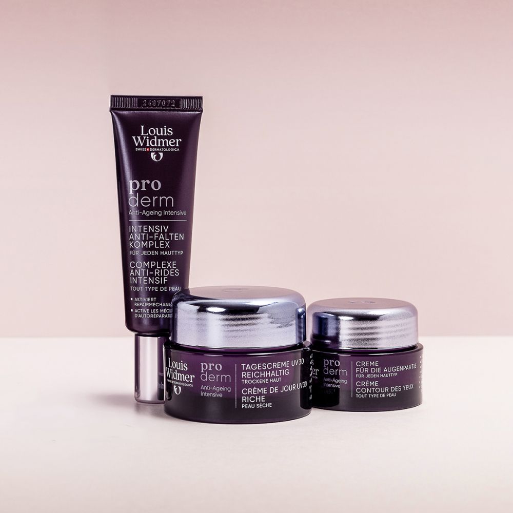 Louis Widmer pro derm Anti-Aging Intensive Produkte: Nachtcreme, Tagescreme, Augencreme.