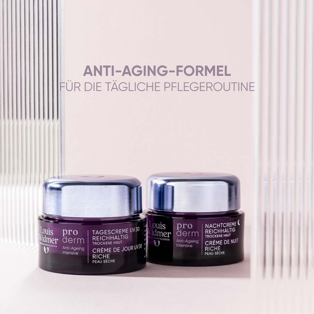 Zwei Creme-Tiegel. Aufschrift: Louis Widmer, pro derm, Tagescreme UV30, reichhaltig, trockene Haut und Nachtcreme.