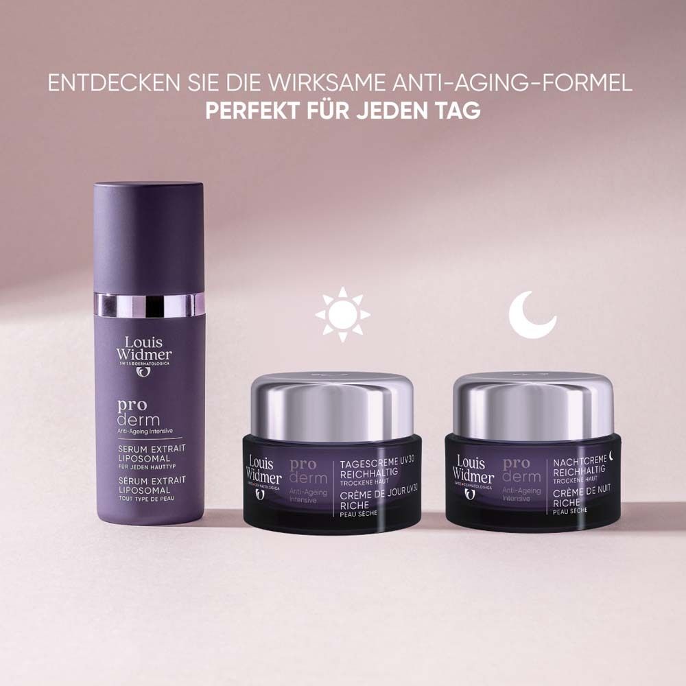 Drei Produkte: Serum, Tagescreme und Nachtcreme. Aufschrift: Louis Widmer, pro derm.
