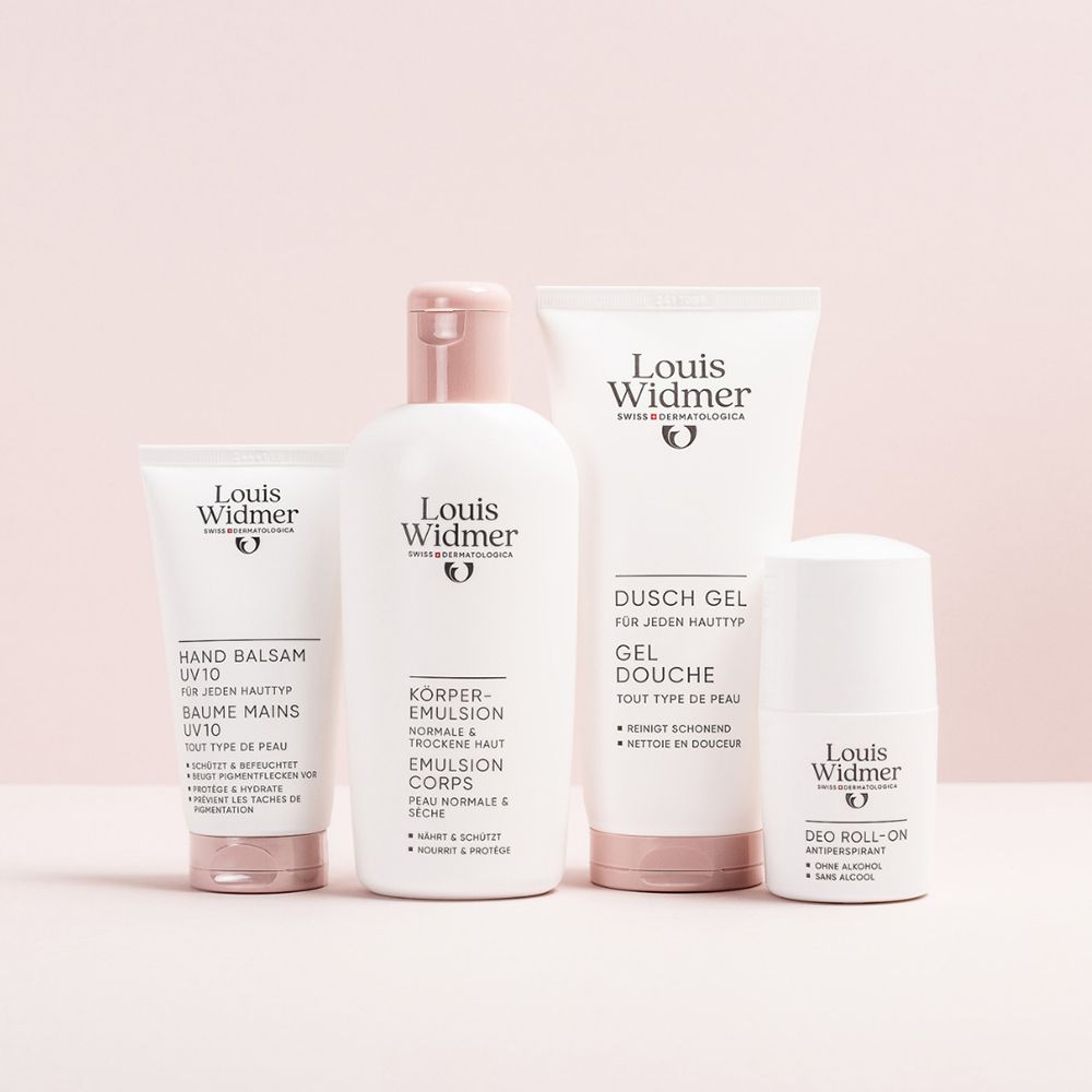 Louis Widmer Körperpflegeprodukte. Handbalsam, Körperemulsion, Duschgel und Deo Roll-on.