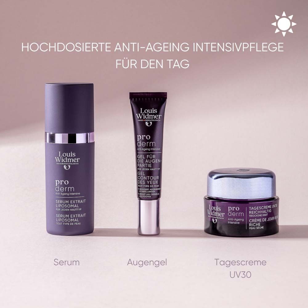 Drei Produkte: Serum, Augengel, Tagescreme. Louis Widmer pro derm. Anti-Ageing Pflege für den Tag.