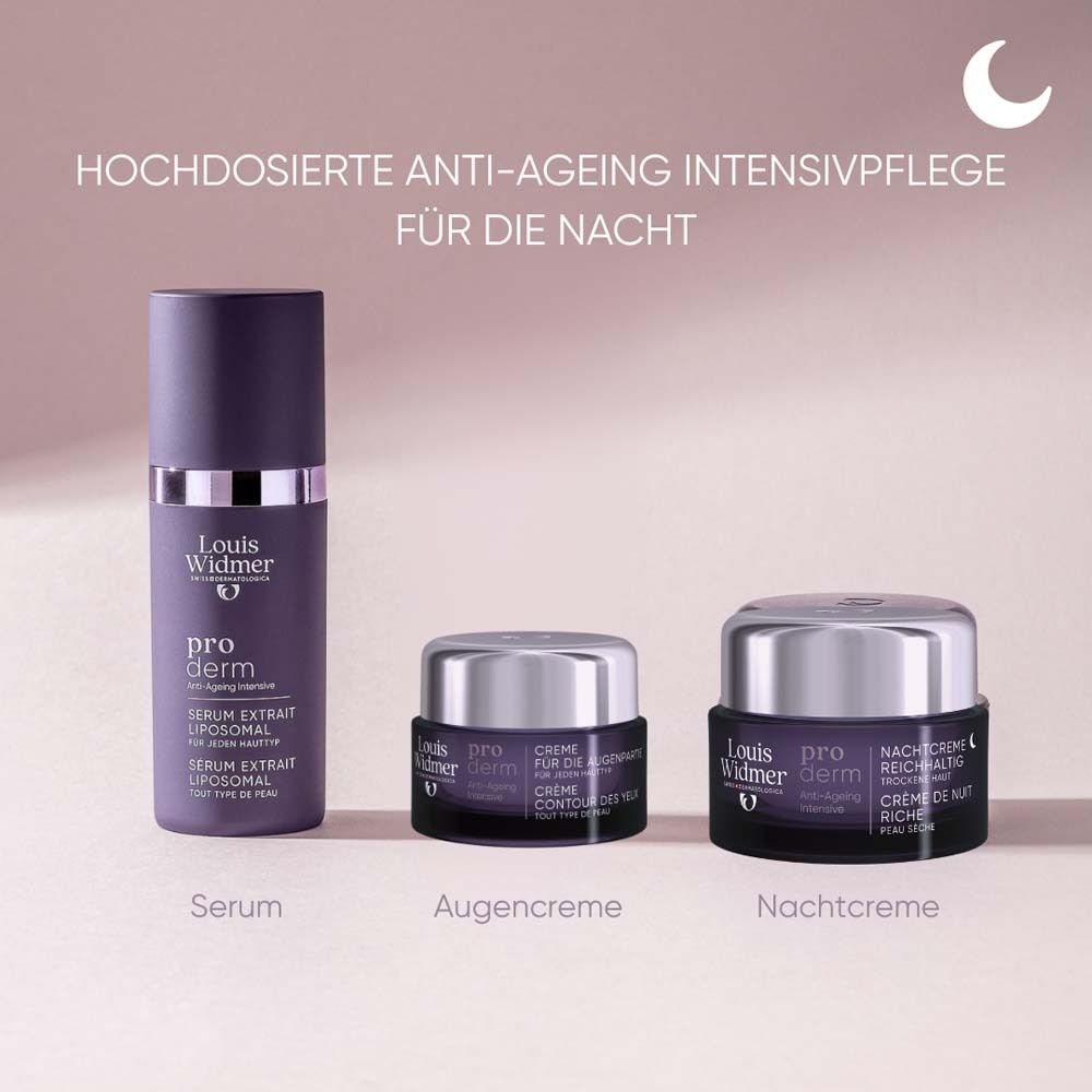 Drei Produkte: Serum, Augencreme, Nachtcreme. Louis Widmer pro derm. Anti-Ageing Pflege für die Nacht.