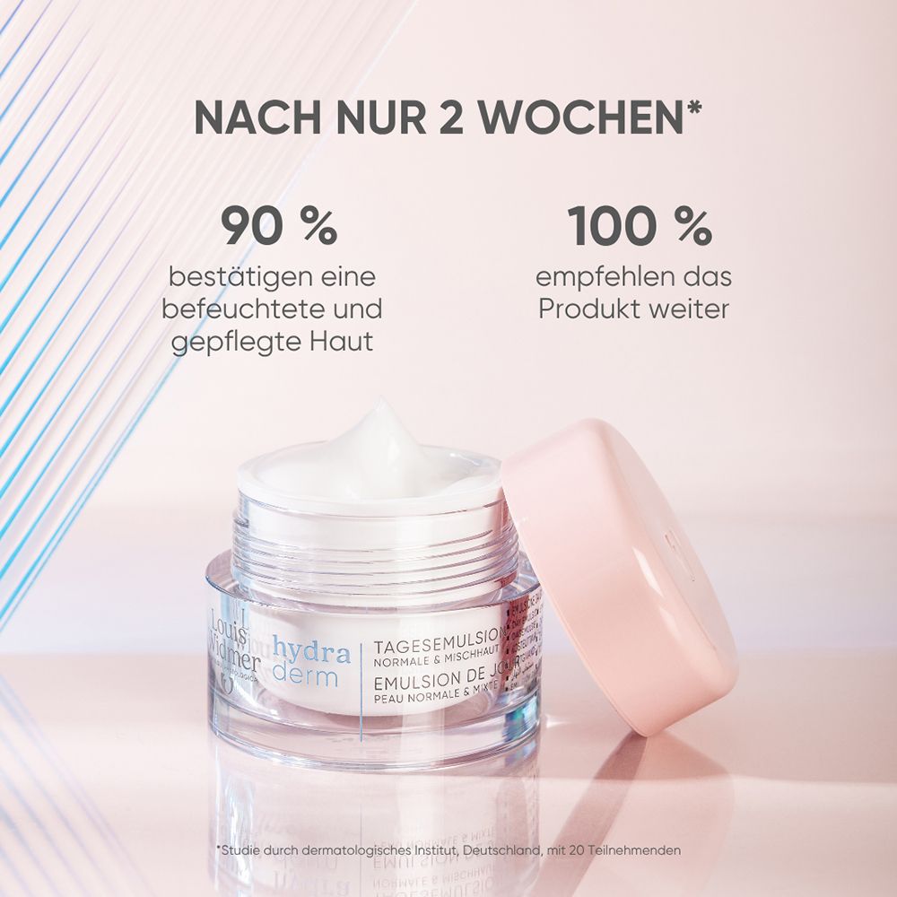 Louis Widmer hydraderm Tagesemulsion mit geöffnetem Deckel, zeigt die Emulsion.