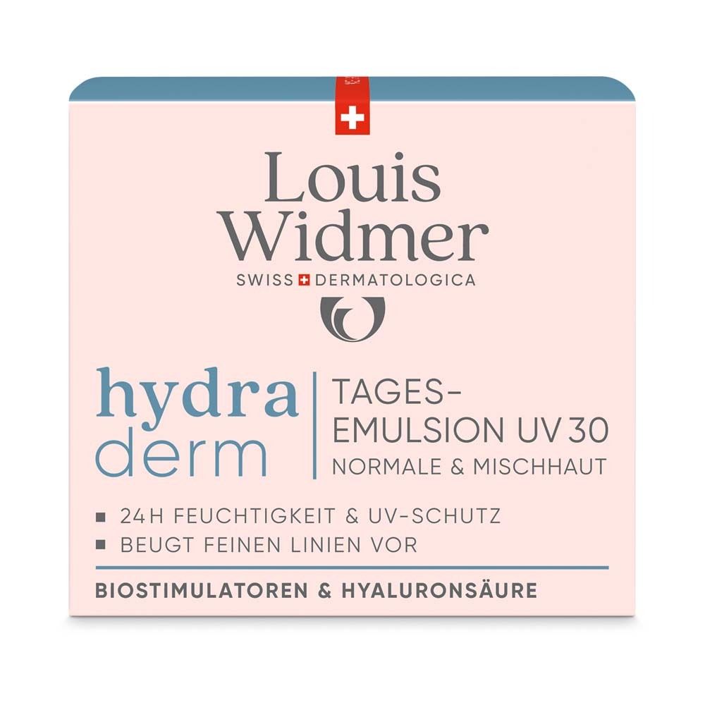 Verpackung mit Aufschrift: Louis Widmer hydraderm Tagesemulsion UV 30 für normale & Mischhaut. Mit Inhaltsangaben.