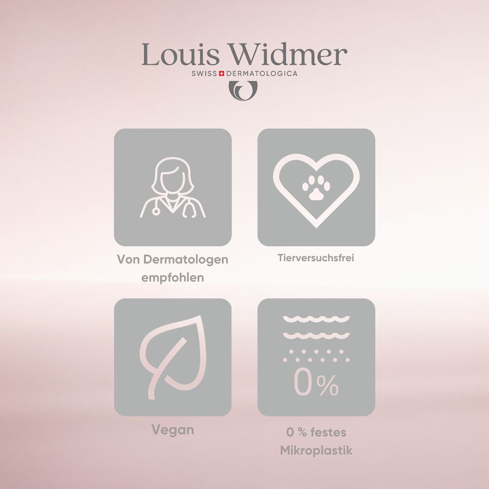 Symbole für dermatologische Empfehlung, Tierversuchsfreiheit, vegan und 0% Mikroplastik.