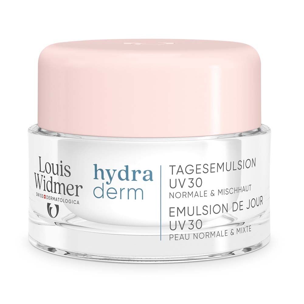 Cremebehälter mit rosa Deckel. Aufschrift: hydraderm, Tagesemulsion UV 30, normale & Mischhaut. Marke: Louis Widmer.
