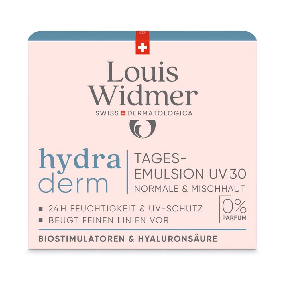 Karton mit Produktinformationen. Aufschrift: hydraderm, Tagesemulsion UV 30, normale & Mischhaut. Marke: Louis Widmer.