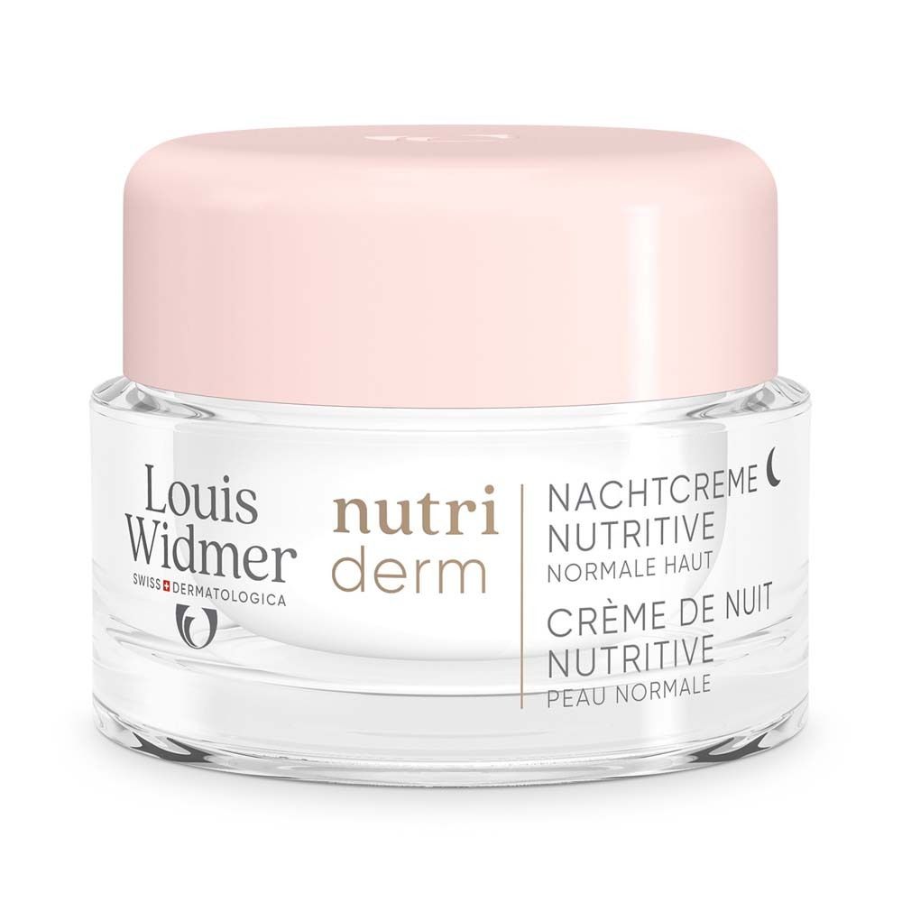 Creme-Tiegel mit rosa Deckel. Auf dem Glas steht "Louis Widmer Nutriderm Nachtcreme".