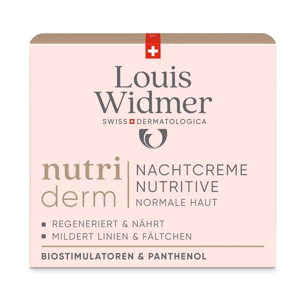 Karton mit Produktinformationen. Logo Louis Widmer, Produktname, Text: Nachtcreme, nutritive, normale Haut.