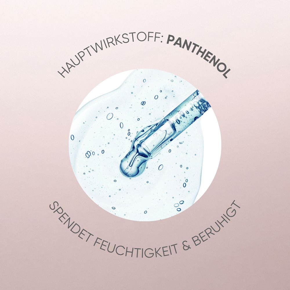 Pipette mit Gel auf einer Hautoberfläche, symbolisiert Panthenol und Feuchtigkeit.