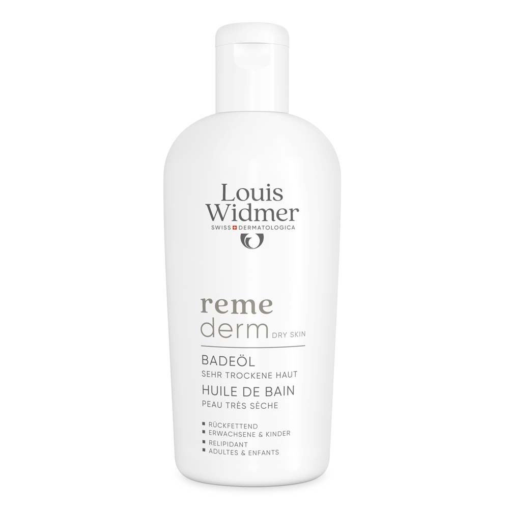 Weiße Flasche Louis Widmer Remederm Badeöl für sehr trockene Haut. Produktname und Logo auf der Flasche.