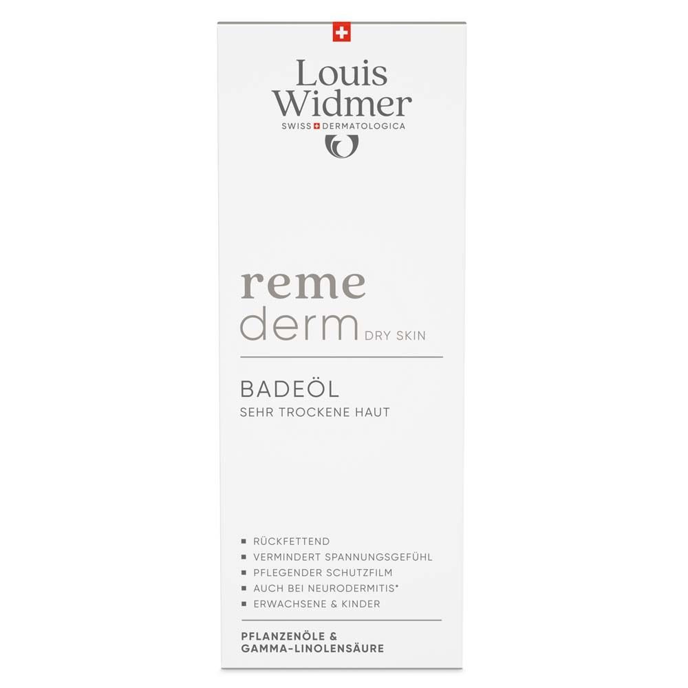 Weiße Verpackung Louis Widmer Remederm Badeöl für sehr trockene Haut. Produktname, Logo und Inhaltsstoffe sind sichtbar.