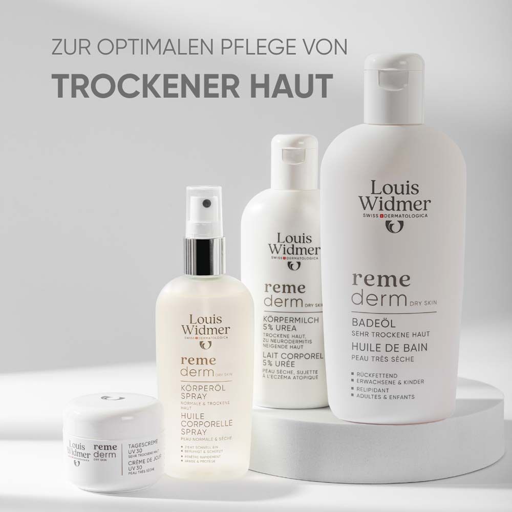 Verschiedene Louis Widmer Produkte. Text: Louis Widmer, remederm. Badeöl, Körperöl Spray, Körperlotion, Tagescreme.