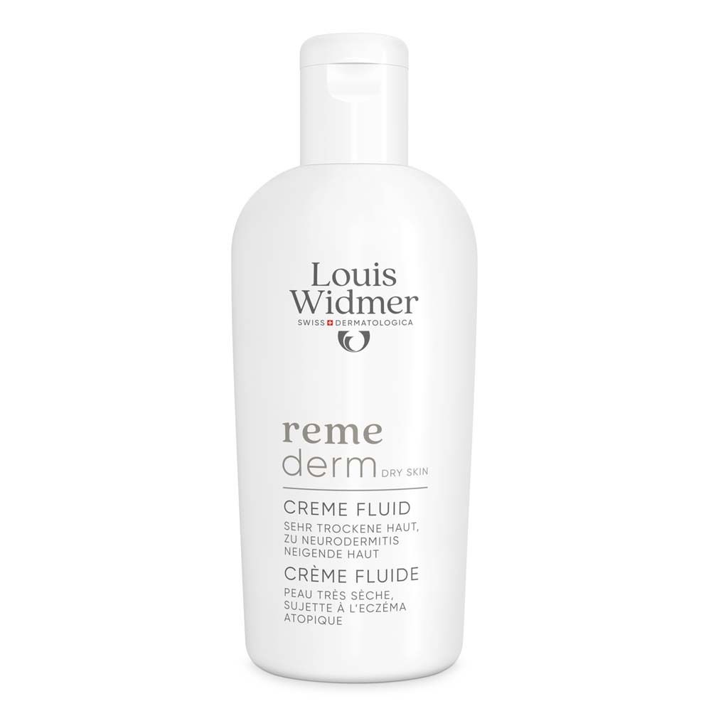 Weiße Flasche Louis Widmer Remederm Creme Fluid. Produktname und Text in Deutsch und Französisch.