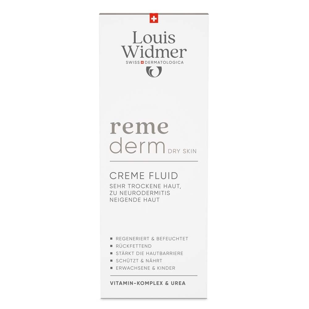 Weiße Verpackung Louis Widmer Remederm Creme Fluid. Produktname und Text in Deutsch.