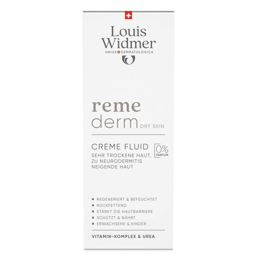 Weiße Verpackung Louis Widmer Remederm Creme Fluid. Aufschrift: Creme Fluid für sehr trockene Haut. 0% Parfum. Inhaltsstoffe.