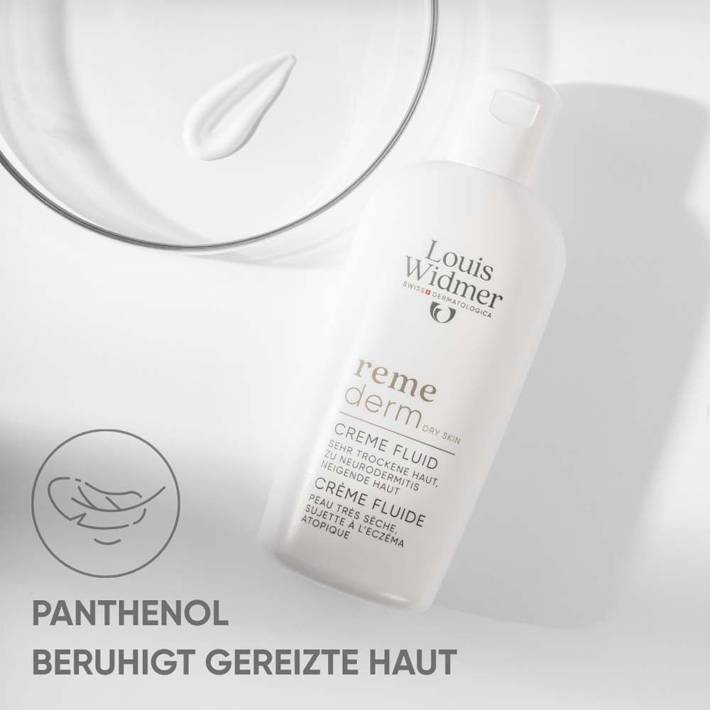 Weiße Flasche mit Klappverschluss. Aufschrift: Louis Widmer, remederm Crème Fluid. Text: Panthenol beruhigt gereizte Haut.