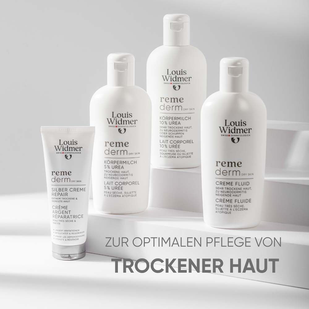 Verschiedene Louis Widmer Produkte. Flaschen und Tube. Text: Zur optimalen Pflege von trockener Haut.