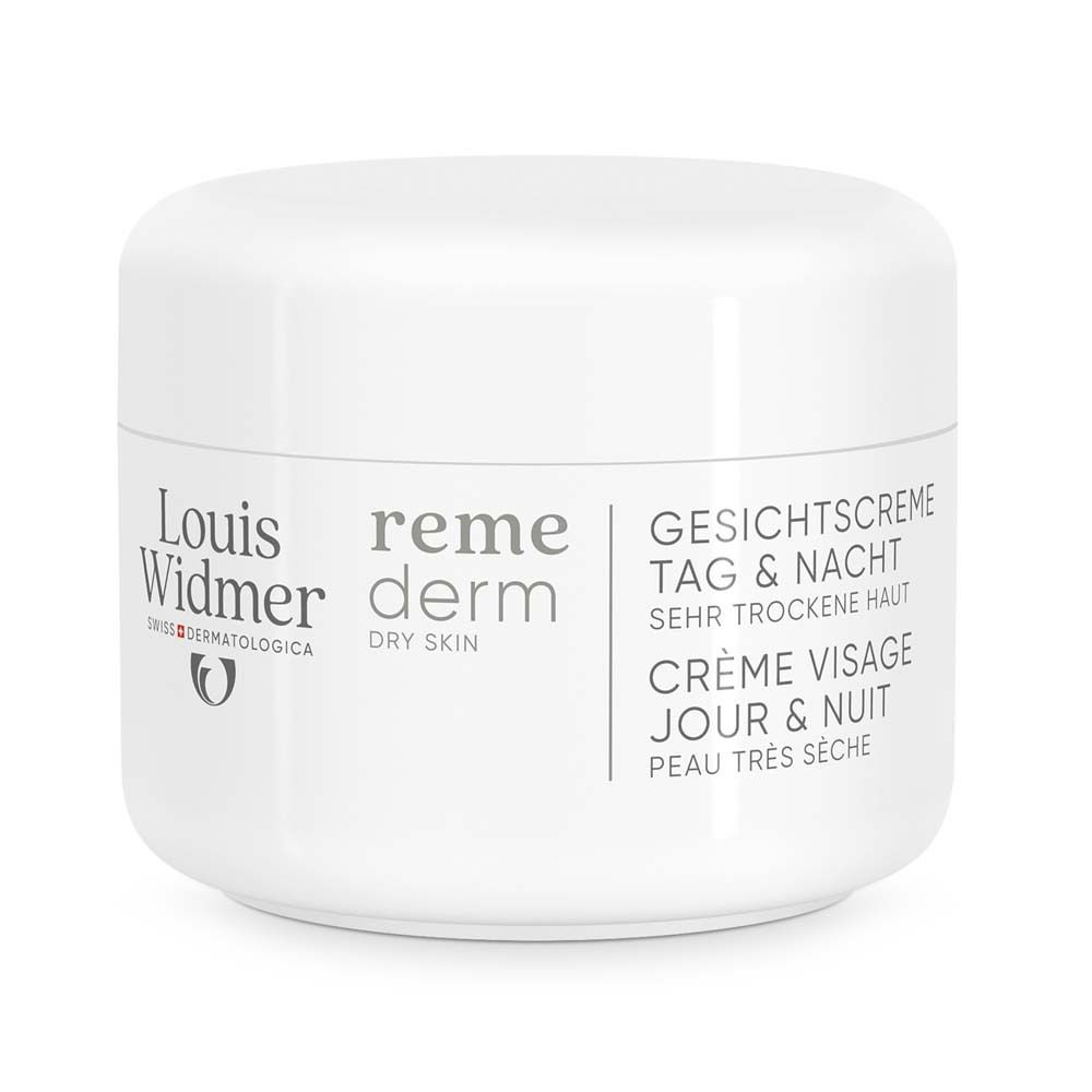 Weiße Creme-Dose mit Louis Widmer Logo und Schriftzug. Text: reme derm, Gesichtscreme Tag & Nacht, sehr trockene Haut.