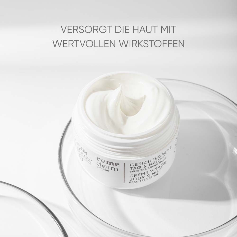 Geöffnete Creme-Dose mit Creme. Text: Versorgt die Haut mit wertvollen Wirkstoffen.